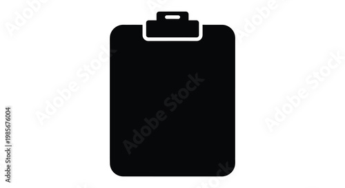 A stark black silhouette of a standard rectangular clipboard with a metal clip isolated on white background silhouette