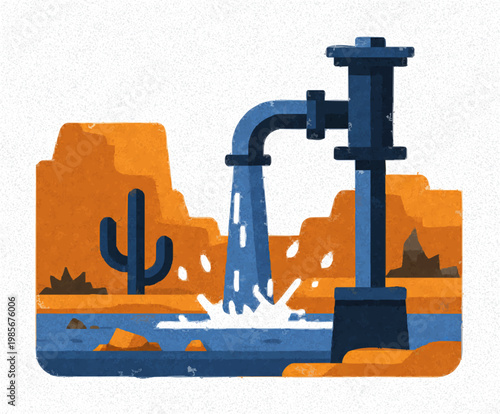 A minimalist 2D graphic depicts an air to water generator in a desert landscape, with generic water drops emerging from the device amidst cacti and rocky formations under muted navy and sand tones