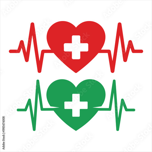 Red and Green Heartbeat Heart with Cross Icons illustration