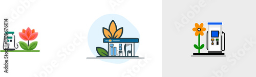 A sleek, modern electric car charging station is depicted with a giant stylized flower, featuring muted teal and orange hues, set against a clean white background