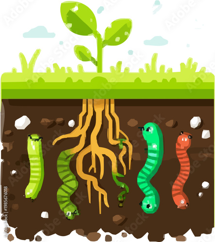 A vibrant professional illustration of soil health showcases roots, worms, and minerals in a flat vector design with earthy tones and lively green hues
