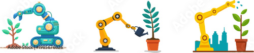 A sleek, teal robotic arm gently plants a sapling amidst a minimalist setting, blending human ingenuity with natures growth in an eco-friendly illustration