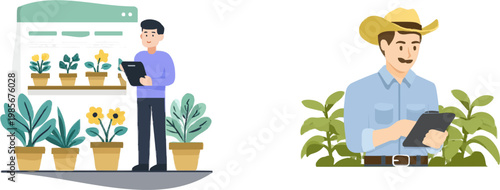 A professional graphic of a person using a tablet to check soil data in a greenhouse, featuring muted purple and sage colors with clean flat vector art
