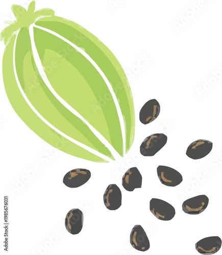 A minimalist flat graphic of a seed pod bursting into small black seeds in a radial pattern, rendered in sage green and brown with organic shapes and no shadows