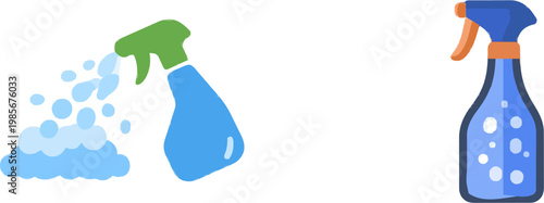 A minimalist flat 2D graphic depicts a green spray bottle with blue liquid being sprayed onto a window, creating a cloud of bubbles against a white background