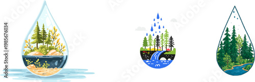 A navy blue and emerald green 2D graphic of a water droplet contains a miniature forest with trees, bushes, rocks, and sand, symbolizing water conservation in a flat vector illustration without
