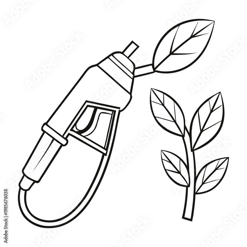 A green gas pump nozzle entwined with fresh leaves symbolizes eco-friendly fuel, sustainability, and a cleaner future, blending energy with nature in a modern concept.
