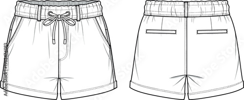 Vector technical flat sketch template of casual summer shorts with elastic drawstring waistband and pockets in front and back views.