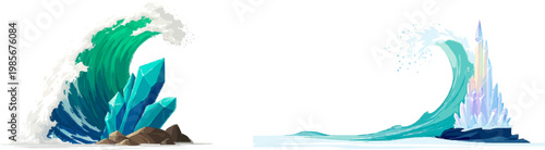 A minimalist flat design features a turquoise wave crashing over a crystal tower, with clean organic shapes and no shadows