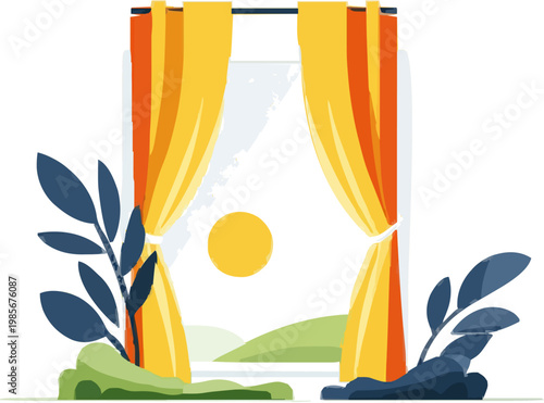 A minimalist flat design features a heavy curtain being pulled back to reveal a serene landscape with lush greenery and a golden sun, set against muted navy and gold tones in a home decor art piece