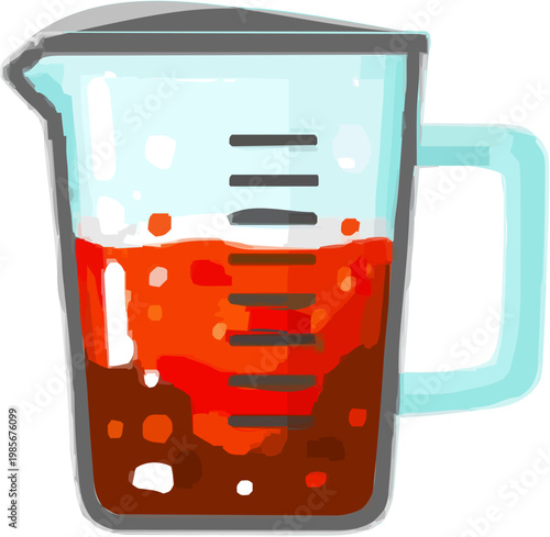 A minimalist flat design showcases a clear glass measuring cup filled with red liquid, marked by scale lines against a white background