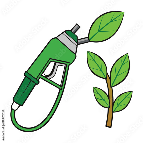 A green gas pump nozzle entwined with fresh leaves symbolizes eco-friendly fuel, sustainability, and a cleaner future, blending energy with nature in a modern concept.
