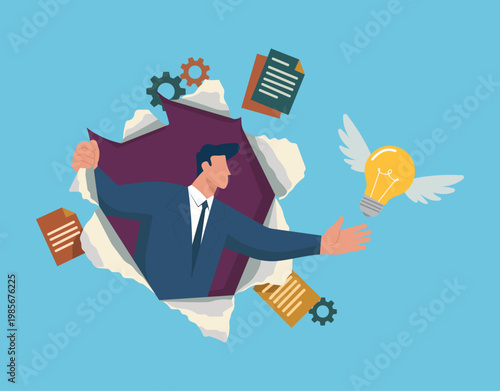 Innovative businessman breaking through a paper barrier to catch a flying lightbulb idea, surrounded by floating gears and documents, Breakthrough Business Innovation, Chasing Creative Ideas