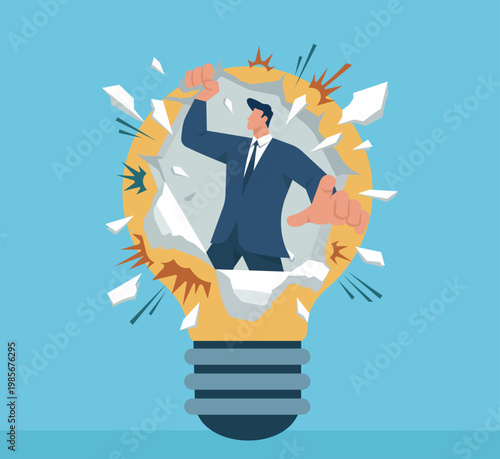 Businessman shattering a giant lightbulb from the inside, symbolizing a creative breakthrough, disruptive innovation, and unleashing new business ideas, Creative Breakthrough and Innovation