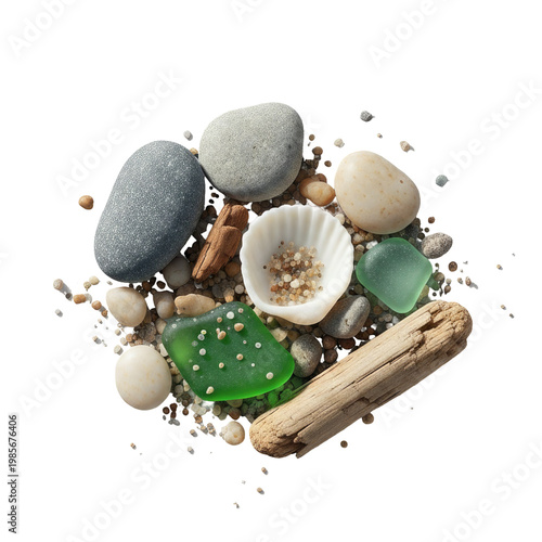 Collection of beach elements: smooth stones, driftwood, shell, sand and green sea glass isolated on transparent background. Concept of coastal nature, relaxation and summer.