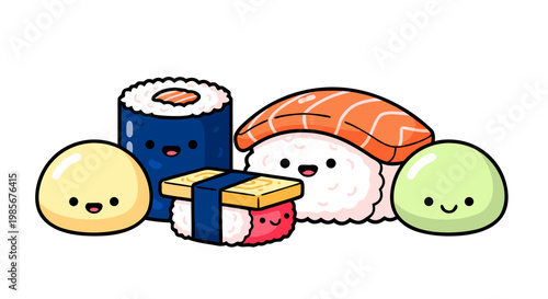 Cute Kawaii Sushi and Mochi Characters A Whimsical Japanese Food Illustration