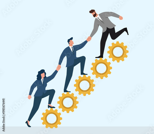Business team helping each other climb a staircase of gears, representing collaborative teamwork, mutual support, and shared career progression, Collaborative Teamwork, Career Advancement Ladder