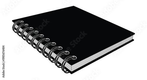 A stark black and white image depicts a closed spiral notebook angled slightly as a dramatic silhouette