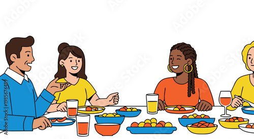 Diverse group of friends and family enjoying a meal together at a table, celebrating togetherness and good company