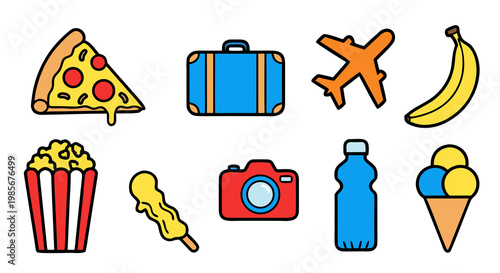 A collection of travel and leisure icons, including food and transportation symbols