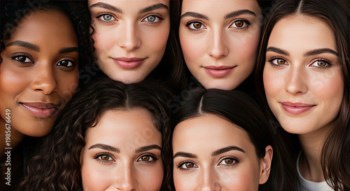 A diverse group of six women with different skin tones and hairstyles looking directly at the camera
