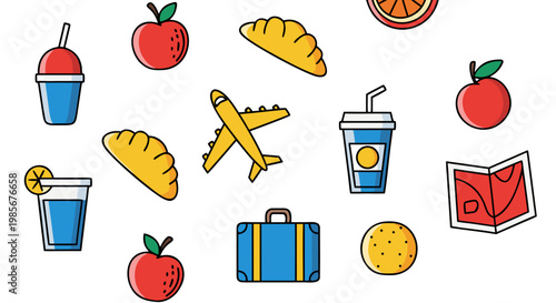 Vibrant Vector Icons Representing Travel, Food, and Refreshments, Perfect for Digital and Print Media