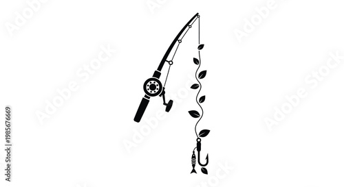 A minimalist depiction of a fishing rod line and fish hook against a white background silhouette high quality