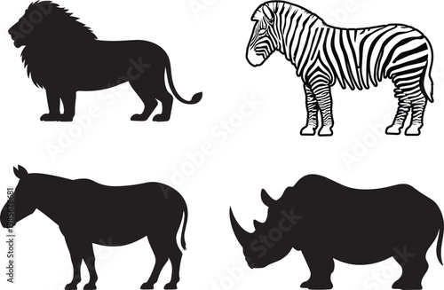 African safari animals illustration: lion, zebra, rhinoceros, and wildebeest in outline style