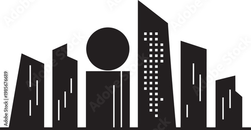 Abstract cityscape silhouette with a large sun and modern skyscrapers
