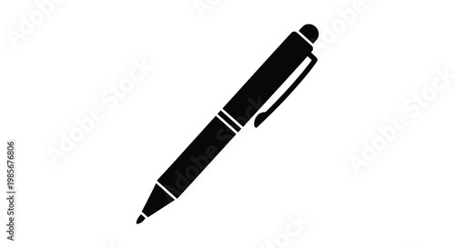 A striking black and white image showcases a modern ballpoint pen sharply defined as a silhouette high quality