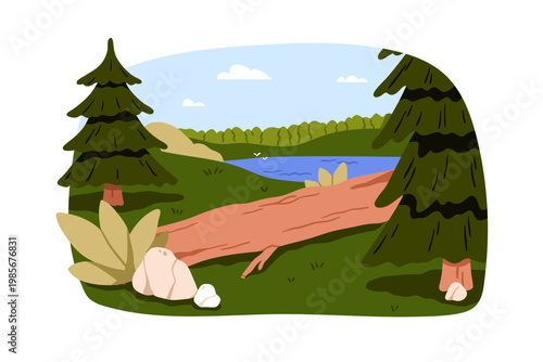 Nature landscape. Fallen wood log in forest. River, fir trees, trunk, grass, sky and clouds. Woods, summer scenery. Coniferous woodland with lake. Flat vector illustration isolated on white background