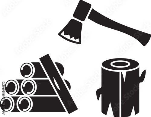 Axe, chopped wood logs, and stump icon set for minimalist and design element for log and lumber