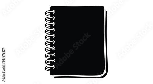 A stark black spiral bound notebook is prominently displayed against a white background presented as a silhouette