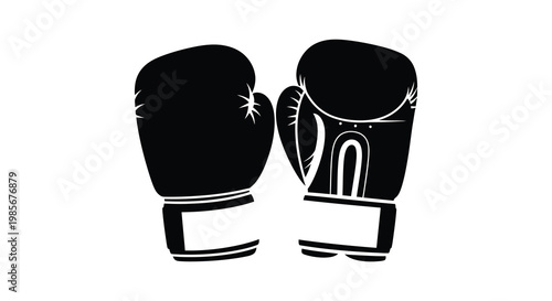 A pair of classic black boxing gloves are displayed facing each other creating a strong visual impact silhouette
