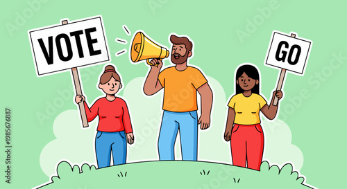 People holding signs that say VOTE and GO with a man in the middle holding a megaphone inspiring activism