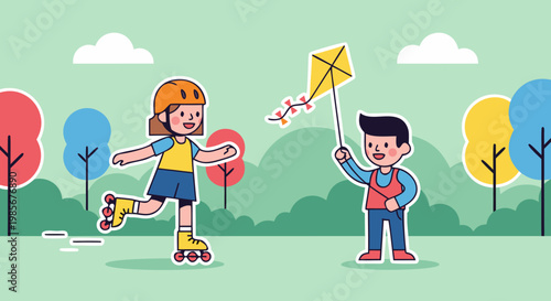 Happy children playing with a kite and rollerblading in a park on a sunny day with trees and clouds