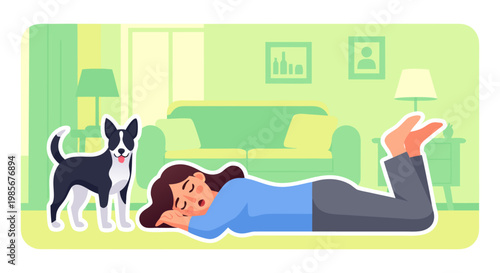 Woman resting peacefully with her dog in a cozy living room scene