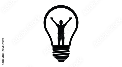 A person with arms raised stands inside a lightbulb representing ideas and inspiration silhouette high quality professional detailed