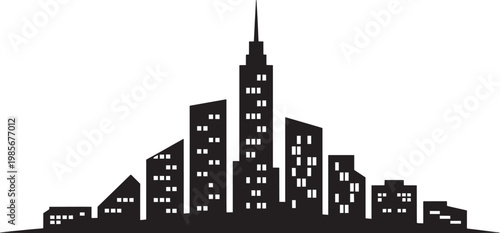 Black and white icon set with real estate, cityscape, and silhouette in outline style