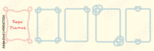 Hand drawn rope frames. Twisted cord rectangle borders with different knot corners and loops.
