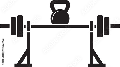 Barbell and kettlebell weights on stands for gym and fitness training