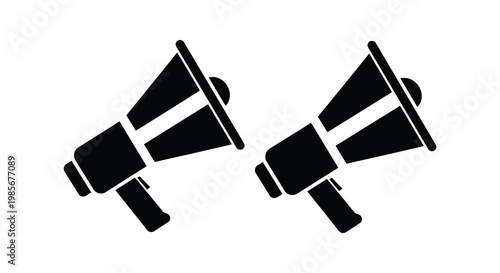 Two black megaphone shapes are positioned closely together on a plain white background a striking silhouette high quality