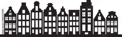 Canal houses icon set with row house, black and white, and architecture detail in outline style