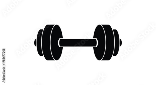 A stark black dumbbell design floats on a white background representing fitness and strength training silhouette high quality