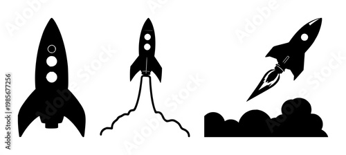 Rocket launch startup set with solid black icon on white background featuring business, technology, launch with startup and entrepreneurship