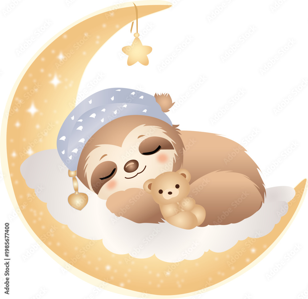 Obraz premium Sleeping Sloth on Crescent Moon Kids Nursery Design