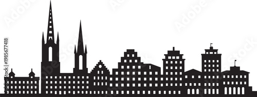 City skyline silhouette with varied architecture including spires and modern buildings