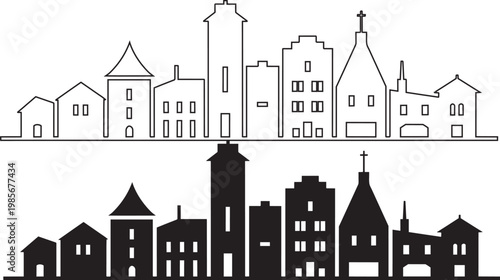 City skyline vector illustration with detailed building outlines and solid silhouettes