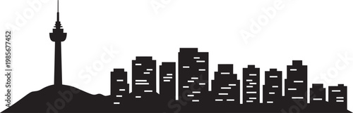 City skyline with tall tower on a hill, diverse buildings and architectural elements