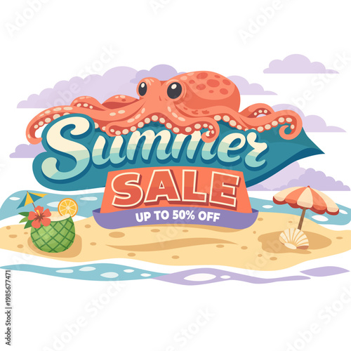 Summer Sale Vector Illustration with Octopus and Beach Elements. 